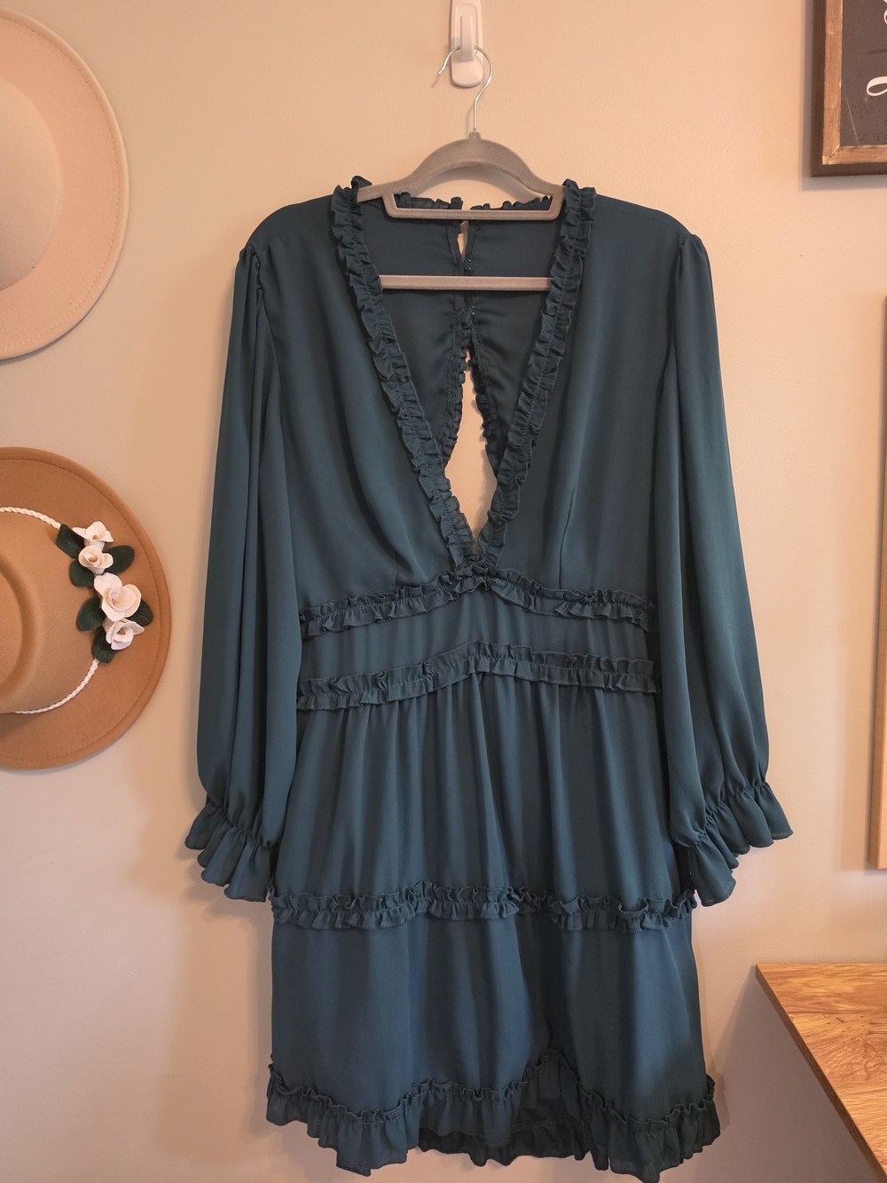 Fashion Nova Teal Ruffle Backless V-Neck Dress